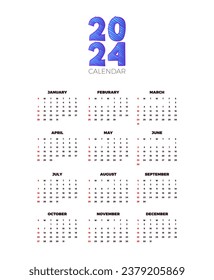 Calendar 2024 template vector. simple minimal design. Planner 2024 year. Wall calendar 2024 year.