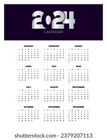 Calendar 2024 template vector. simple minimal design. Planner 2024 year. Wall calendar 2024 year.