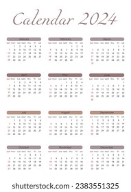 Calendar 2024 template vector, simple minimal design, Planner 2024 year, Wall calendar 2024 year, pastel color, vertical. Set of 12 calendar, advertisement, printing, stationery, organization office.