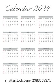 Calendar 2024 template vector, simple minimal design, Planner 2024 year, black and white, print, vertical, Wall calendar 2024 year. Set of 12 calendar, advertisement.