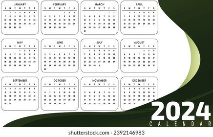 Calendar 2024 template vector, simple minimal design, Planner 2024 year, Wall calendar 2024 year, Week Starts sunday, Set of 12 calendar, advertisement, printing, stationery, organization office
