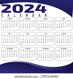 Calendar 2024 template vector, simple minimal design, Planner 2024 year, Wall calendar 2024 year, Week Starts sunday, Set of 12 calendar, advertisement, printing, stationery, organization office
