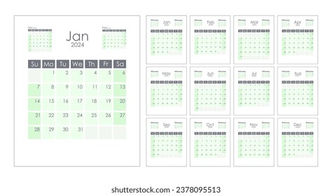 Calendar 2024 template vertical. Week starts on Sunday. With previous and next month miniature. Vector design.