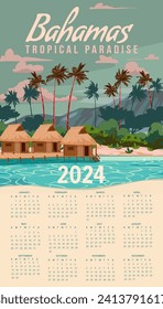 Calendar 2024 Travel wall poster Bahamas vintage