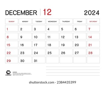 Calendar 2024 Vector- December 2024 year planner template, Desk Calendar 2024 Design, Week Start On Sunday, Planner, Stationery, Printing media, advertisement, business template