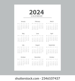 Calendar 2024 , vector illustration. Week starts on monday