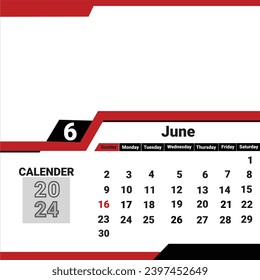 Calendario 2024 - ilustración vectorial. La semana empieza en junio