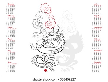 Calendar 2024 in vector isolated on white background.  The Year of the Dragon. Week starts from sunday. Happy New year 2024!