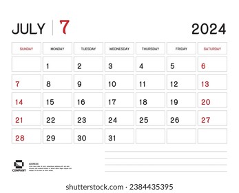 Calendar 2024 Vector- July 2024 year planner template, Desk Calendar 2024 Design, Week Start On Sunday, Planner, Stationery, Printing media, advertisement, business template