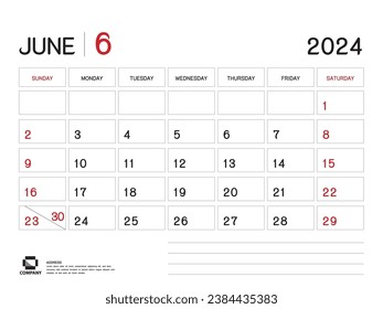 Kalender 2024 Vektorgrafik- Juni 2024-Jahres-Planervorlage, Desk Calendar 2024 Design, Woche Start am Sonntag, Planer, Stationerie, Printing Media, Werbung, Business-Vorlage