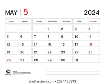 Calendar 2024 Vector- May 2024 year planner template, Desk Calendar 2024 Design, Week Start On Sunday, Planner, Stationery, Printing media, advertisement, business template