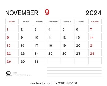 Calendar 2024 Vector- November 2024 year planner template, Desk Calendar 2024 Design, Week Start On Sunday, Planner, Stationery, Printing media, advertisement, business template