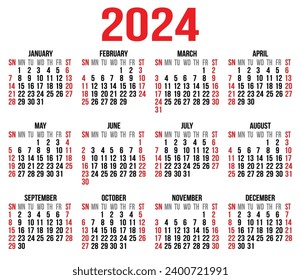 Calendar 2024 vector template, Planner 2024 year, Wall calendar 2024 year, simple minimal design, printing, stationery, organization office.