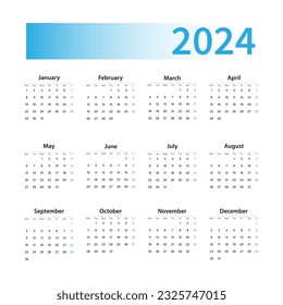 Calendar 2024 vector template, simple minimalistic design.  Wall calendar planner 2024. The week starts on Monday.