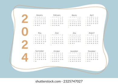 Calendar 2024 vector template, simple minimalistic design.  Wall calendar planner 2024. The week starts on Sunday.