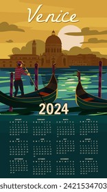 Calendar 2024 Venice Italia Poster retro style. Grand Canal