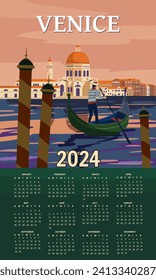 Calendar 2024 Venice Italia wall Poster retro style. Grand Canal