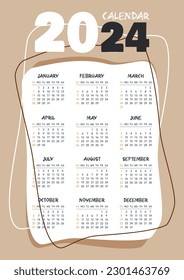 Calendar 2024 vertical beige template. Week start On Sunday, planner, stationary, wall calendar