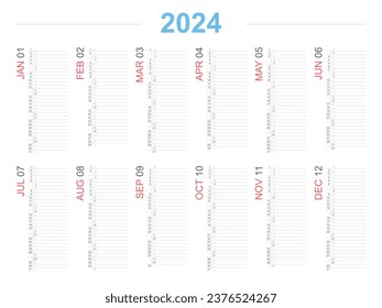 Calendar 2024 Vertical Design. 2024 Simple and clear calendar. A4 and Letter printable shape planner calendar.