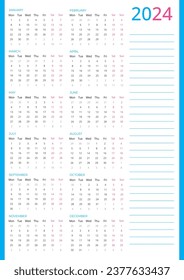 calendario para 2024, Calendario Azul Rosa Vertical 2024 semana a partir del lunes, plantilla Calendario Vector 2024 para facilitar la planificación del año nuevo.	