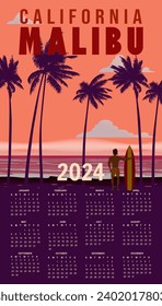 Calendar 2024 Vintage California Malibu beach retro wall travel poster