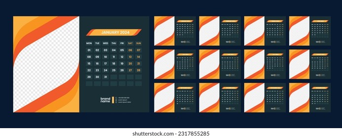 calendario, 2024, pared, calendario, plantilla
