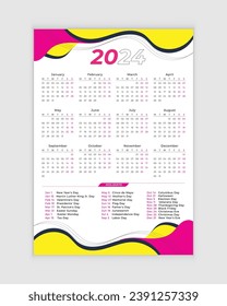 Calendar 2024, 2024 Calendar, Wall Calendar Design, One Page Calendar, 12 months, Print Ready, A3 Size