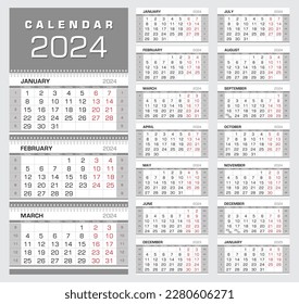 Calendar 2024. Wall quarterly calendar with week numbers. Week start from Monday. Ready for print, color - Black, Red, Silver. Vector Illustration