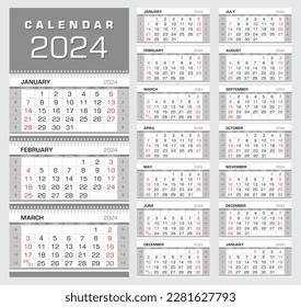 Calendar 2024. Wall quarterly calendar with week numbers. 14 month. Week start from Sunday. Ready for print, color - Black, Red, Silver. Vector Illustration