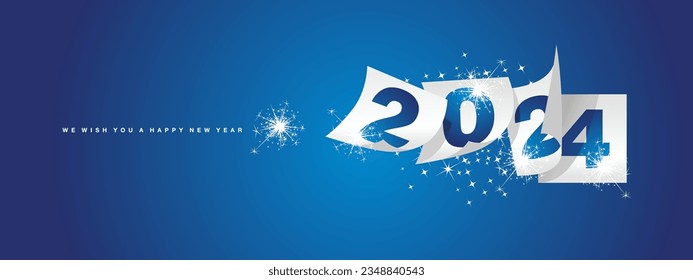 Calendario 2024 Le deseamos Feliz Año Nuevo Navidad vacaciones de invierno plantilla de diseño de tarjeta de saludo sobre fondo azul. Año Nuevo 2024 con hojas blancas de calendario y fuegos artificiales