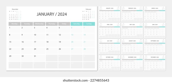 Calendar 2024 week start Monday corporate design planner template.