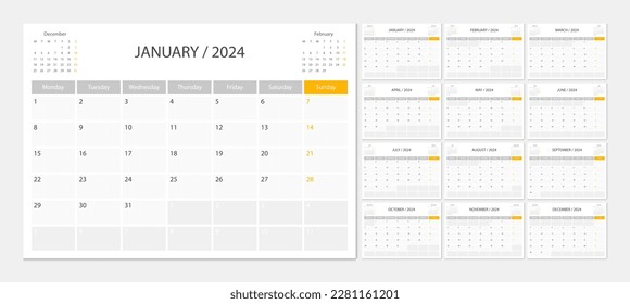 Calendario 2024 semana inicio lunes planeamiento de diseño corporativo.