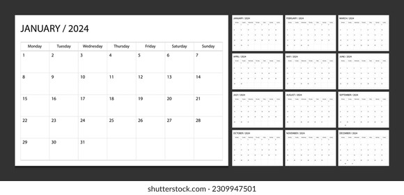 Calendar 2024 week start Monday corporate design planner template. Calender planner 2024.