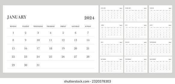 Calendario 2024 con inicio de semana desde lunes, diseño minimalista