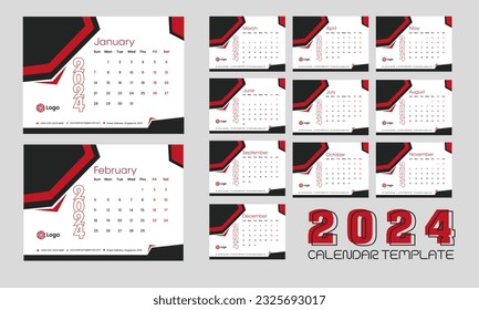 calendar 2024 week start Monday corporate design template vector.