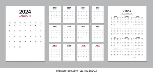 Calendar 2024 week start Monday. Editable 2024 calendar design template for happy new year.