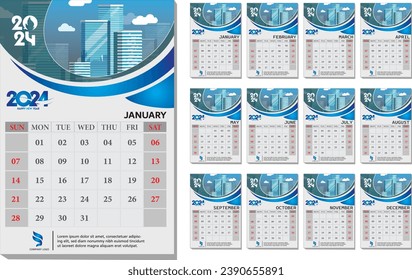 Calendar 2024, calendar 2024 week start Monday corporate design template vector.