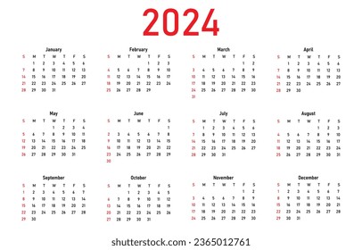 Calendar 2024. Week Start on Sunday. Vector illustration isolated on white background