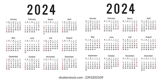 Calendar 2024, calendar week start on Sunday and Monday - stock vector