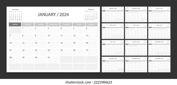 Calendar 2024 week start Sunday corporate design planner template.