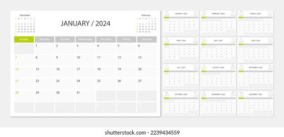 Calendar 2024 week start Sunday corporate design planner template. Calendar planner A4.