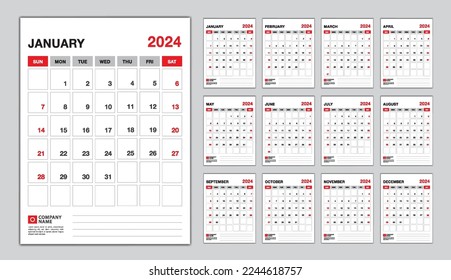 Calendar 2024 week start sunday, desk calendar 2024  design vector, Set of 12 calendar, wall calendar 2024 design, Poster, planner, advertisement, printing media, corporate design template vector.