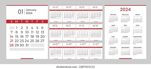 Calendar 2024 week start Sunday corporate design template vector.