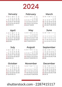 Calendar 2024 week start Sunday corporate design template vector.