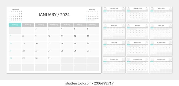 Calendario 2024 semana de inicio domingo planeamiento de diseño corporativo. Planificador del calendario A4.