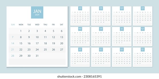 Calendar 2024 week start Sunday corporate design template vector.