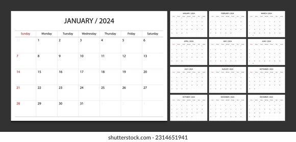 Calendar 2024 week start Sunday corporate design planner template. Calendar planner 2024.