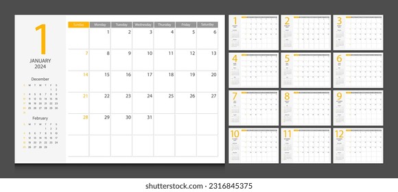 Calendar 2024 week start Sunday corporate design planner template. Calendar planner 2024.