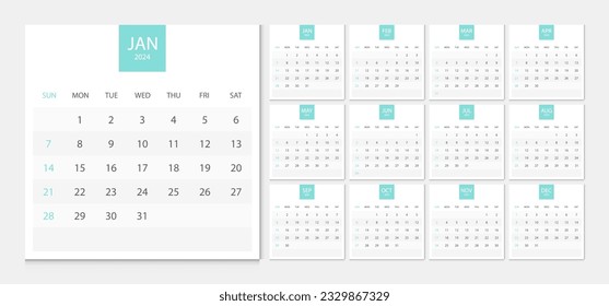 Calendar 2024 week start Sunday corporate design template vector.Desk calendar 2024.