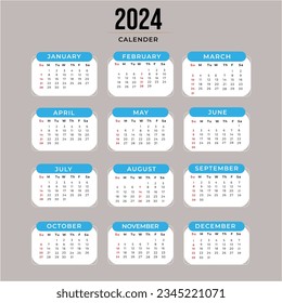 Calendar 2024 week start Sunday corporate design planner template.
